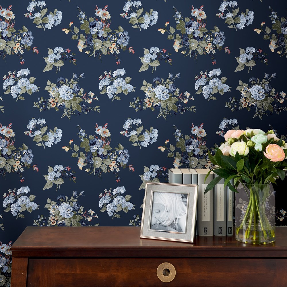 Rosemore Floral Wallpaper 114898 by Laura Ashley in Midnight Seaspray Blue